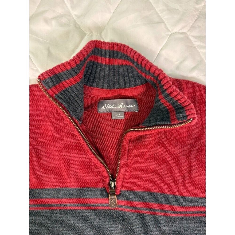 Eddie Bauer 1/4 Zip Pullover Sweater Mens Medium Red & Gray Heather‎ Mock Neck